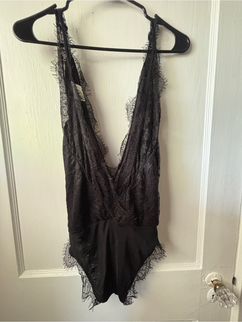 Black Lace Plunge Bodysuit Chemise - Women's Intimates